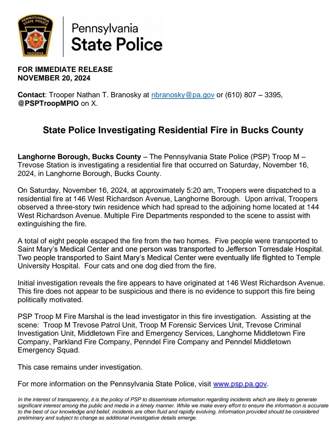 Pa State Police Press Release Langhorne Borough